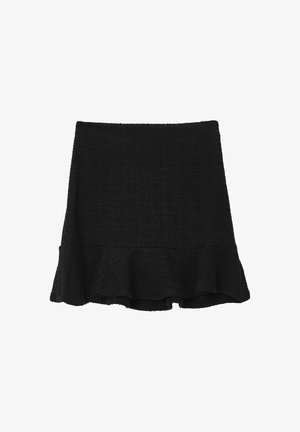 Black mini skirt made of textured fabric, featuring a flared hemline. Simple design with no visible hardware or patterns.