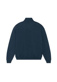Sweat-shirt bleu marine avec un col montant, des manches longues et des poignets et un ourlet côtelés. Texture lisse, sans motifs ni accents visibles.