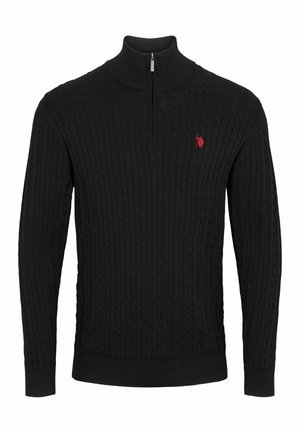 Zwarte gebreide trui met een hoge kraag en een halve rits, kabelpatroon en een klein rood logo op de borst. Geweven stof en slim fit ontwerp.