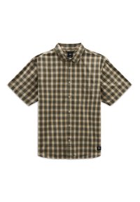Camisa de manga corta con botones en un patrón de cuadros verde y beige, que presenta un bolsillo en el pecho y un dobladillo recto. Fabricada en tejido liviano.