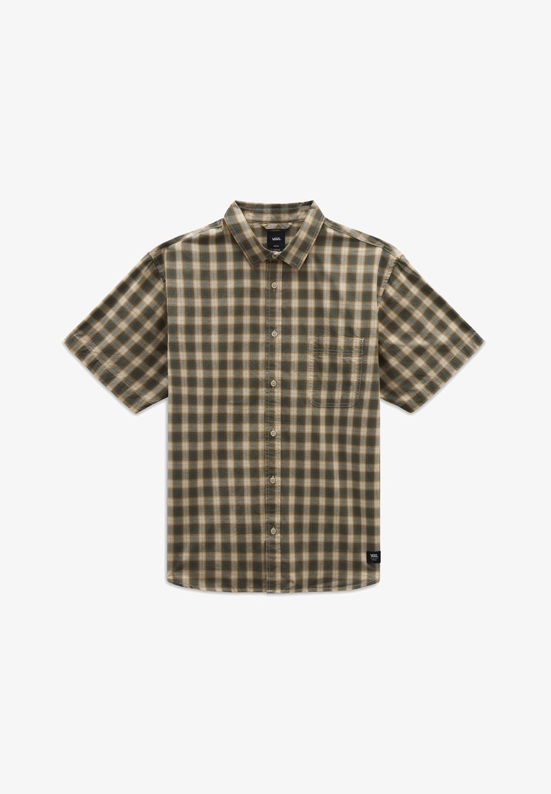 Camisa de manga corta con botones en un patrón de cuadros verde y beige, que presenta un bolsillo en el pecho y un dobladillo recto. Fabricada en tejido liviano.