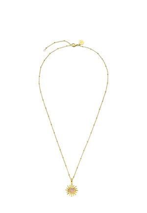 Delicate gold chain necklace with small beads and a sun-shaped pendant featuring a round pink center stone.
