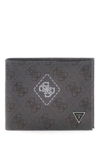 Billetera de tela gris con un patrón de logotipo en relieve, un detalle de costura en forma de diamante blanca con el logotipo y un acento de marca en forma de triángulo plateado.