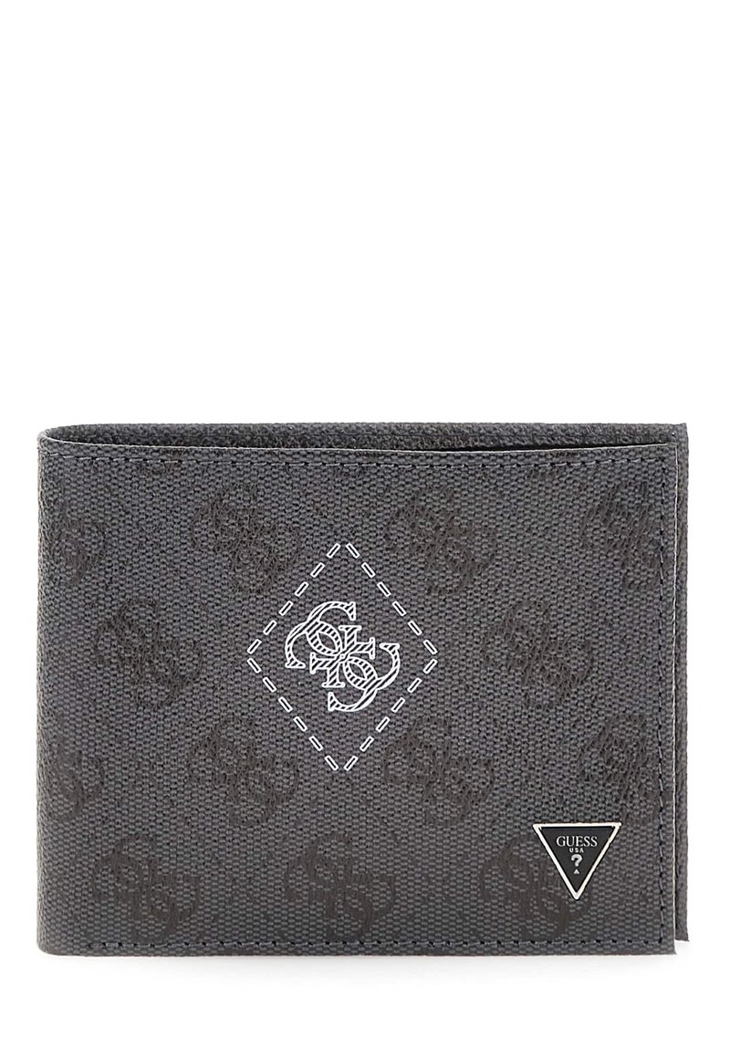 Billetera de tela gris con un patrón de logotipo en relieve, un detalle de costura en forma de diamante blanca con el logotipo y un acento de marca en forma de triángulo plateado.