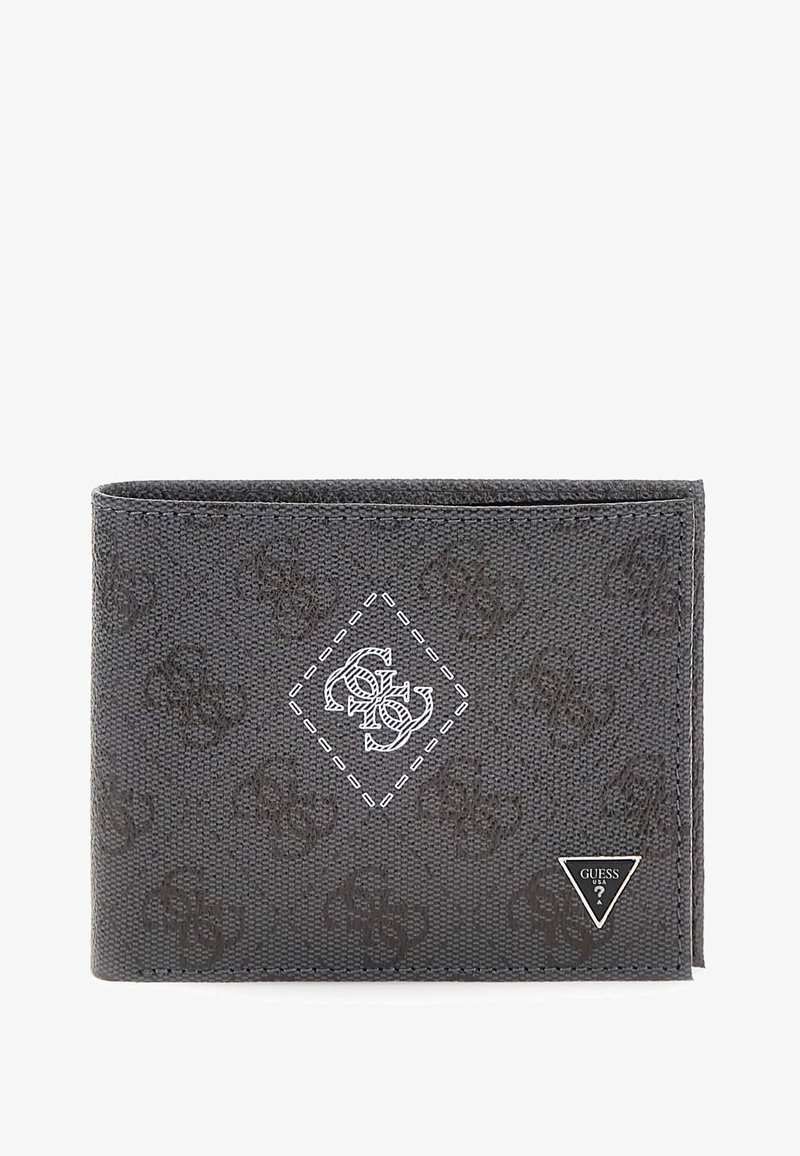 Billetera de tela gris con un patrón de logotipo en relieve, un detalle de costura en forma de diamante blanca con el logotipo y un acento de marca en forma de triángulo plateado.