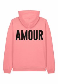 Felpa con cappuccio rosa con il testo nero "AMOUR" sulla schiena. Presenta polsini e fondo a coste, tessuto morbido e un design dalla vestibilità rilassata.
