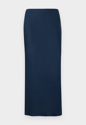 Jupe ajustée bleu marine, longue jusqu'au sol, en tissu lisse avec une couleur unie. Présente une silhouette épurée et une taille élastique.