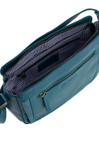 Tyrkysová kožená crossbody taška s pruhovanou podšívkou, obsahující přední zipovou kapsu a embosované logo. Součástí je nastavitelný popruh.