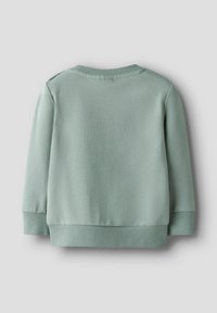 Helles grünes Sweatshirt mit geripptem Rundhalsausschnitt, langen Ärmeln und geripptem Saum. Glatte Stoffoberfläche und klassischer, lockerer Schnitt.