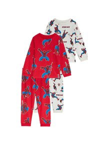 Deux ensembles de pyjamas pour enfants arborant des graphismes de Spider-Man. Un ensemble est rouge avec des motifs bleus et noirs ; l'autre est gris avec des motifs similaires.