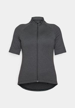 Short-sleeve cycling jersey in dark gray, featuring a full front zipper, raglan sleeves, and a curved hem with textured fabric.