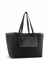 Sac fourre-tout noir en tissu durable, avec des accents en cuir lisse, une poche zippée à l'avant et deux poignées robustes.