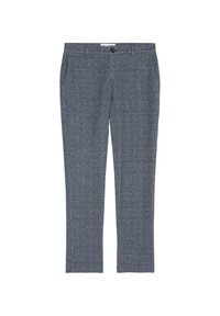 Pantalons à motif chevrons bleu foncé, confectionnés dans un tissu texturé. Dotés d'une fermeture à bouton et de poches latérales, au design ajusté.