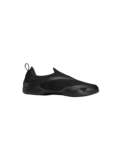 Black slip-on shoe made of mesh and synthetic material, featuring a rounded toe, flexible sole, and a pull tab at the heel for easy wear.