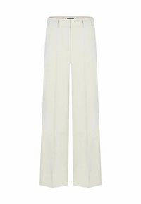 Wide-leg trousers in light cream fabric, featuring a high waist, subtle creases, and a smooth texture, emphasizing a tailored design.