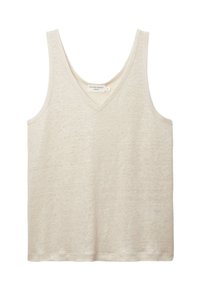 Débardeur beige à col en V avec un design sans manches. Fabriqué en tissu doux avec une texture subtile et un ourlet propre. Étiquette à l'intérieur indiquant la taille.