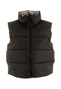 Gilet imbottito nero con collo alto, dotato di zip frontale e texture trapuntata. L'interno presenta una fodera con stampa leopardata.