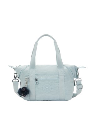 Lyseblå stofpose med to håndtag og aftagelig skulderrem. Har en frontlomme med lynlås og en vedhæng med en abefigur.