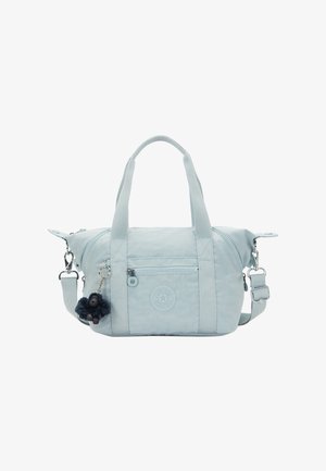 Lyseblå stofpose med to håndtag og aftagelig skulderrem. Har en frontlomme med lynlås og en vedhæng med en abefigur.