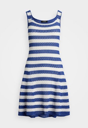 Blue and white striped sleeveless dress with a flared skirt. Made of textured knit fabric featuring openwork patterns.