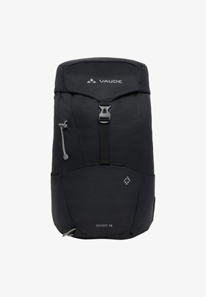 Zwarte Vaude Skomer 18 rugzak gemaakt van duurzaam fabric, met een sluiting met gesp aan de voorkant, een trekkoord en een zijvak van mesh.
