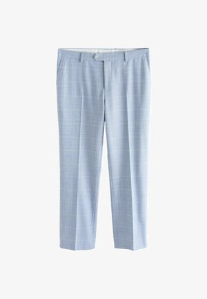 Hellblau Herrenanzughosen mit einem dezenten Karomuster, Vorderknopfverschluss und Seitentaschen, flach auf einem weißen Hintergrund dargestellt.