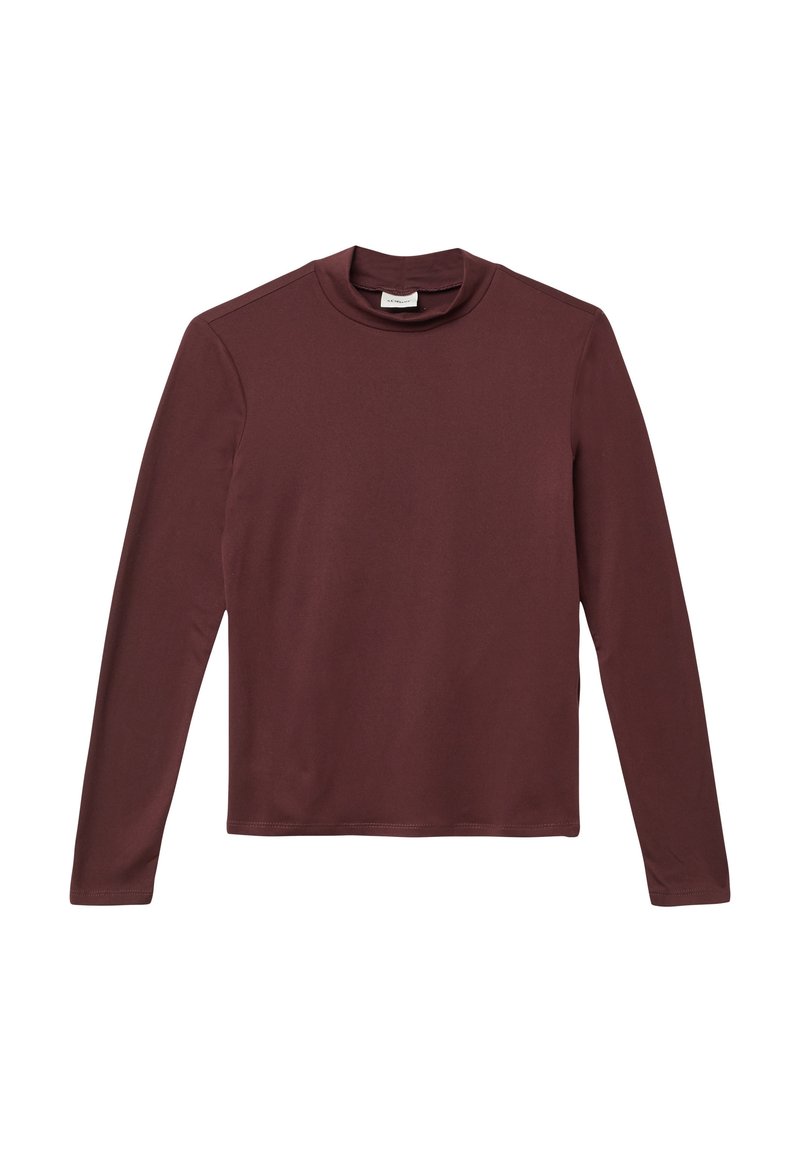 Donkerbruine, lange mouw, coltrui met een slim fit en eenvoudig ontwerp, plat gelegd op een witte achtergrond.