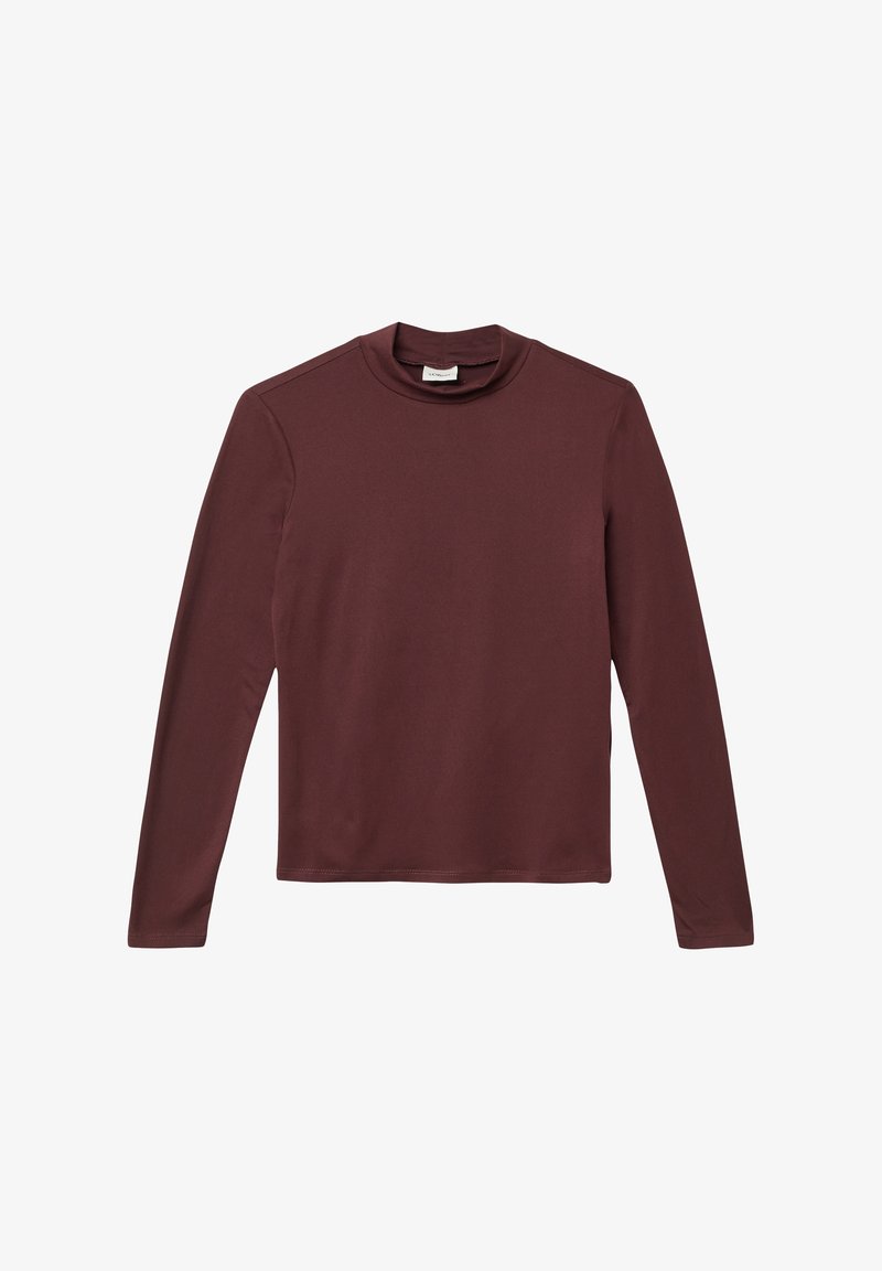 Maglietta a maniche lunghe, colletto alto marrone scuro, con una vestibilità slim e un design semplice, appoggiata piatta su uno sfondo bianco.