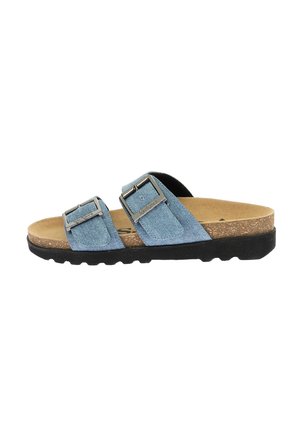 Sandalia de slide de denim con dos correas ajustables y hebillas de metal, una plantilla de corcho acolchada y una suela de goma negra texturizada.