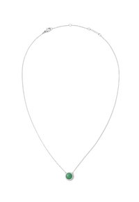 Sølv kæde med en rund grøn ædelsten vedhæng, omkranset af en delikat perlekant. Glat tekstur og minimalistisk design.