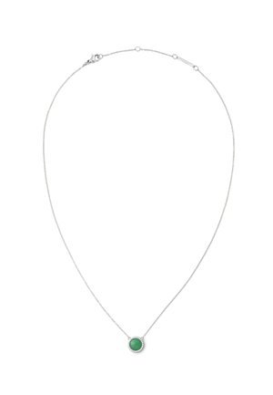 Collana in argento con pendente a forma di gemma verde rotonda, circondata da un delicato bordo di perline. Texture liscia e design minimal.