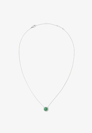 Ezüst lánc nyaklánc, amelyen egy kerek zöld drágakő medál található, finom gyöngyös szélekkel körülvéve. Sima felület és minimalista dizájn jellemzi.