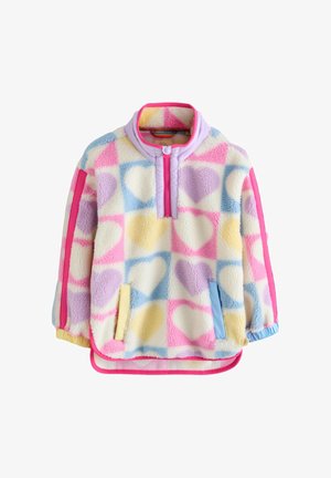 Sudadera de forro polar con patrón de corazones en tonos pastel, franjas laterales rosas, cremallera media y ribetes de bolsillo en amarillo y azul contrastantes.