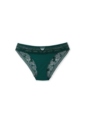 Ropa interior de encaje verde y microfibra con un diseño de encaje floral en los lados y un frente suave y sin costuras.