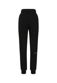 Schwarze Sweatpants aus weichem Stoff, mit einem elastischen Bund und gerippten Bündchen. Auf dem linken Oberschenkel steht weißer Text.