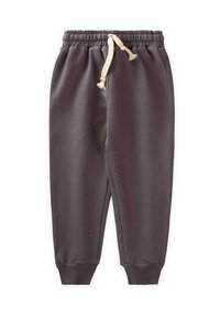 Grijze joggingbroek met een elastische tailleband, voorzien van een trekkoord in natuurlijke kleur, taps toelopende boorden en een gladde textuur.