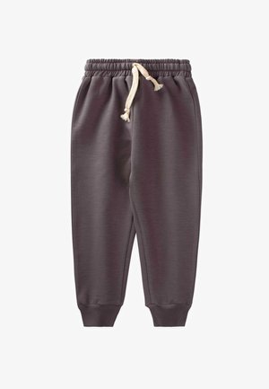 Pantaloni della tuta grigi con cintura elastica, dotati di un cordino di colore naturale, polsini svasati e una texture liscia.