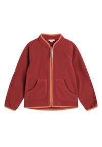 Rote Fleecejacke mit Reißverschluss vorne, orangefarbenen Akzenten und zwei Fronttaschen. Mit einem runden Kragen und elastischen Bündchen. Weicher Stoff.