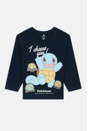Navyblaues Langarm-T-Shirt aus Baumwolle mit Grafiken von Schiggy, Pikachu und Bisasam sowie dem Text "Ich wähle dich!" und "Sammle sie alle!"