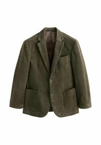 Blazer para hombre de pana en verde oliva con solapas de muesca, dos bolsillos frontales de parche, un bolsillo en el pecho y puños abotonados.