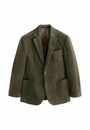 Olivgrön kordfläskblazer för män med slag, två framfickor, en bröstficka och knäppningar vid ärmsluten.