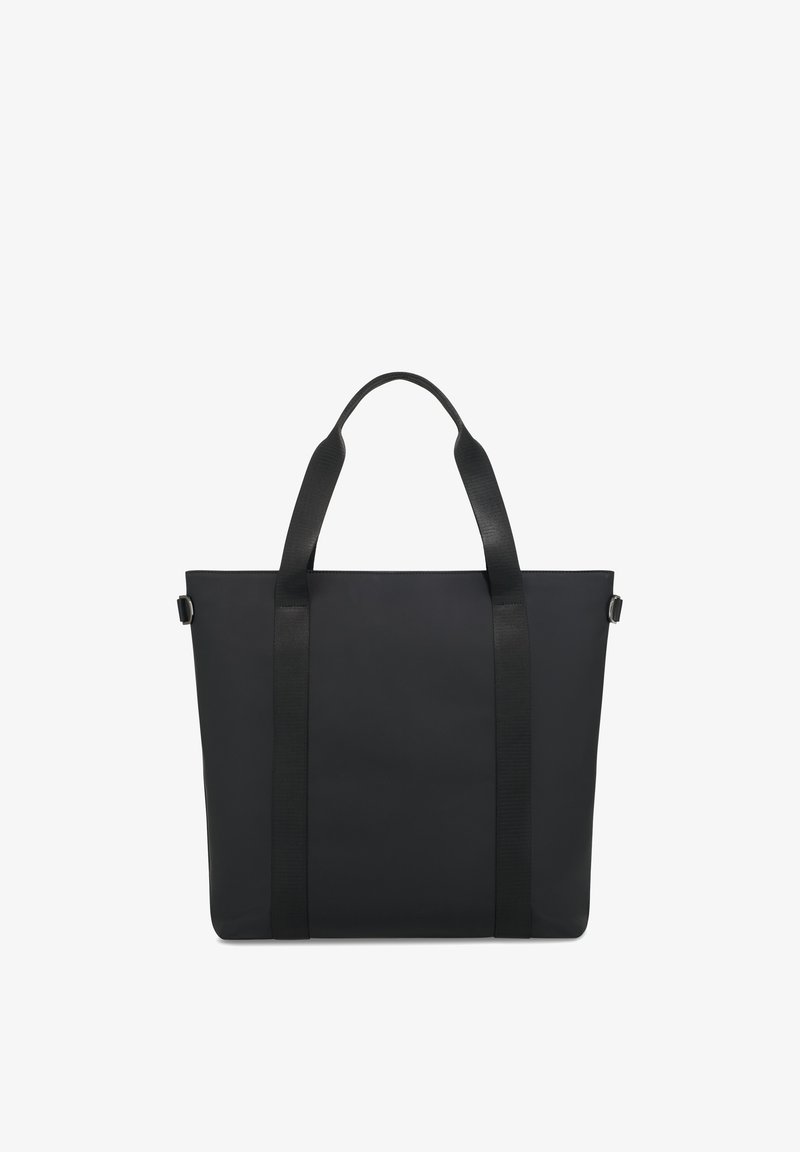 Sac cabas noir avec deux longues poignées et une surface lisse, unie, vu de face sur fond blanc.