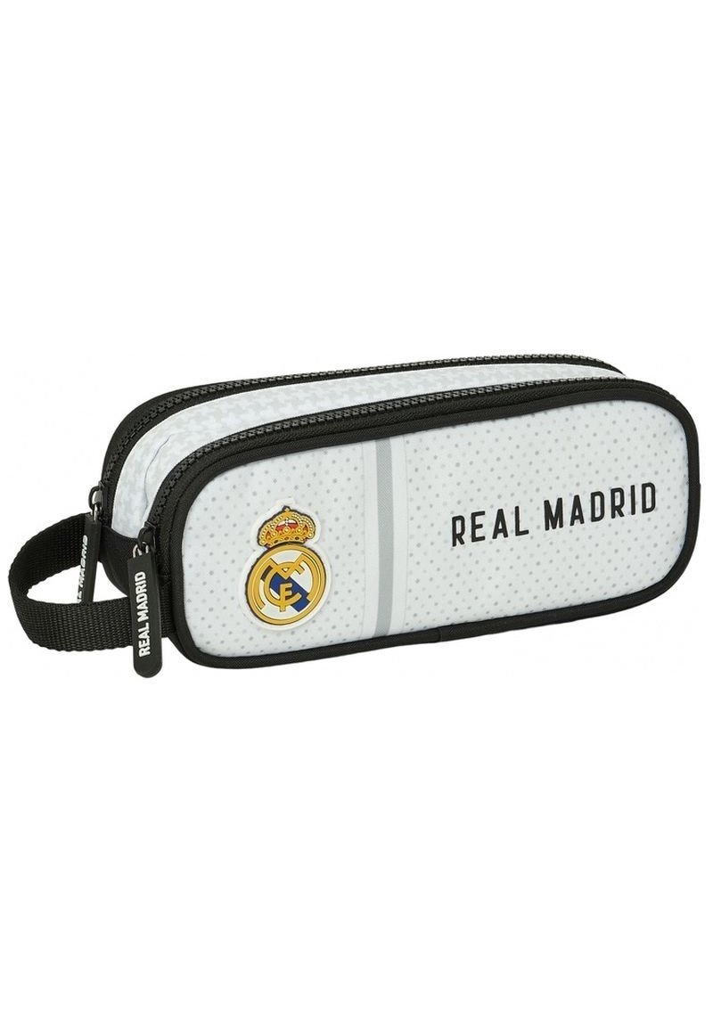 Biało-szara kosmetyczka Real Madrid z dwoma zamykanymi komorami, herb klubu i czarną rączką z jednego końca.