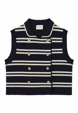 Gilet senza maniche blu navy con strisce orizzontali bianche, bottoni dorati e colletto. Tessuto morbido e design su misura con taglio corto.