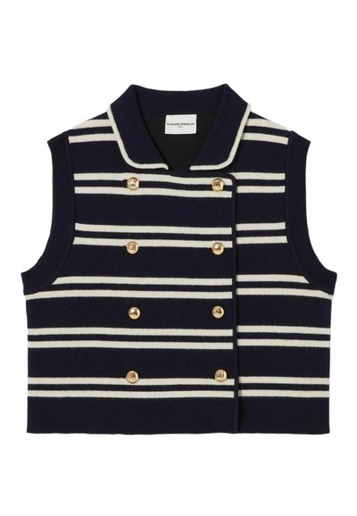 Gilet senza maniche blu navy con strisce orizzontali bianche, bottoni dorati e colletto. Tessuto morbido e design su misura con taglio corto.