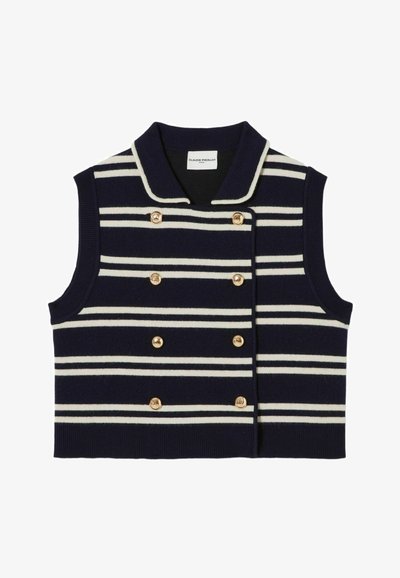 Gilet senza maniche blu navy con strisce orizzontali bianche, bottoni dorati e colletto. Tessuto morbido e design su misura con taglio corto.