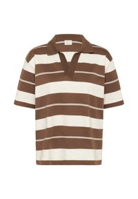 Polo rayé marron et crème, à manches courtes, avec un col et un décolleté en V, fabriqué à partir d'un tissu lisse et texturé.