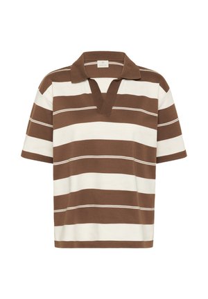 Polo rayé marron et crème, à manches courtes, avec un col et un décolleté en V, fabriqué à partir d'un tissu lisse et texturé.