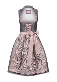 Traditional dress with gray bodice, pink lace overlay, embroidered floral patterns, and a large satin bow at the waist.