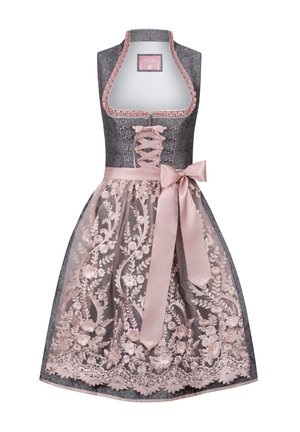 Traditionelles Kleid mit grauem Oberteil, pinkfarbener Spitzenüberlage, bestickten Blumenmustern und einer großen Satinschleife in der Taille.